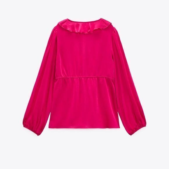 NEW ZARA‎ WOMAN SIZE L RUFFLED BLOUSE TOP FUCHSIA V NECK LONG SLEEVE - Picture 4 of 8